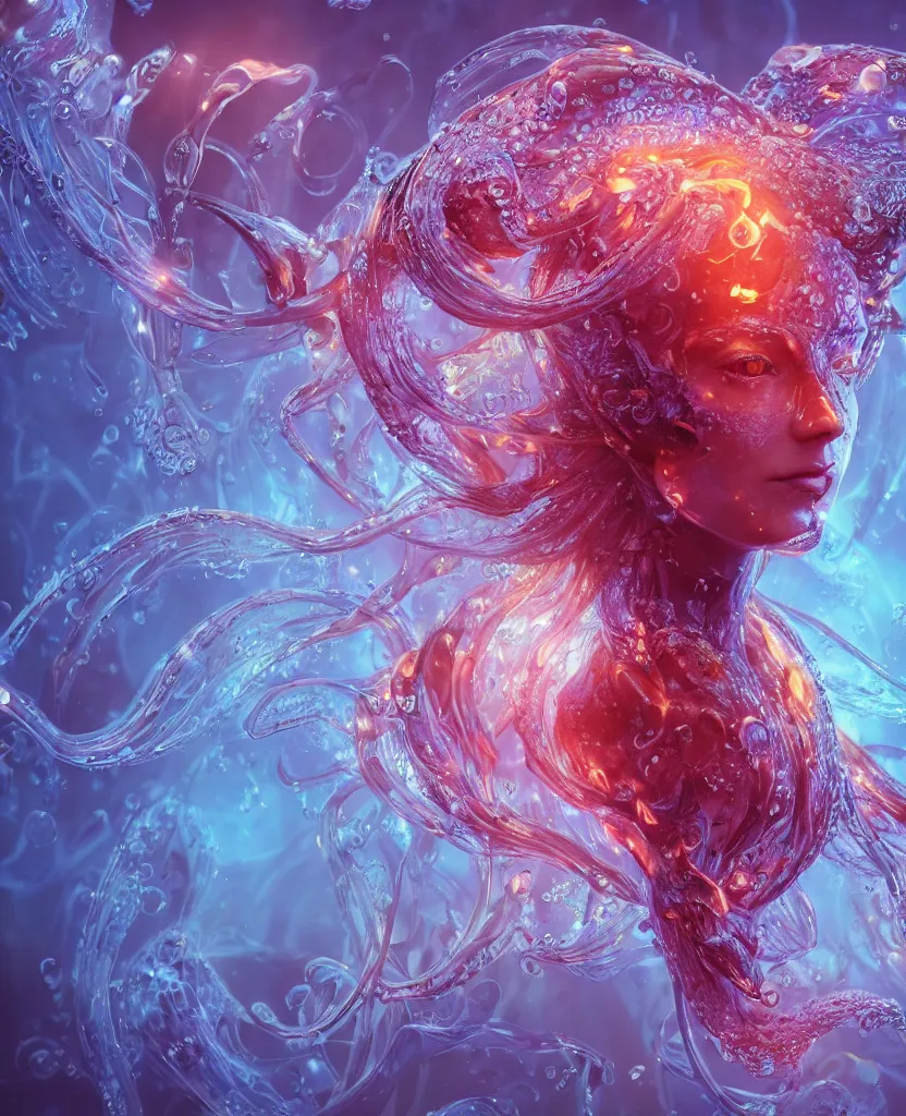 Image similar to close-up macro portrait of the face of a beautiful princess, epic angle and pose, symmetrical artwork, 3d with depth of field, blurred background, cybernetic jellyfish female face skull phoenix bird, translucent, nautilus, energy flows of water and fire. a highly detailed epic cinematic concept art CG render. made in Maya, Blender and Photoshop, octane render, excellent composition, cinematic dystopian brutalist atmosphere, dynamic dramatic cinematic lighting, aesthetic, very inspirational, arthouse. y Greg Rutkowski, Ilya Kuvshinov, WLOP, Stanley Artgerm Lau, Ruan Jia and Fenghua Zhong