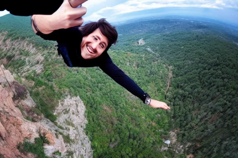 Prompt: selfie falling off a cliff high angle