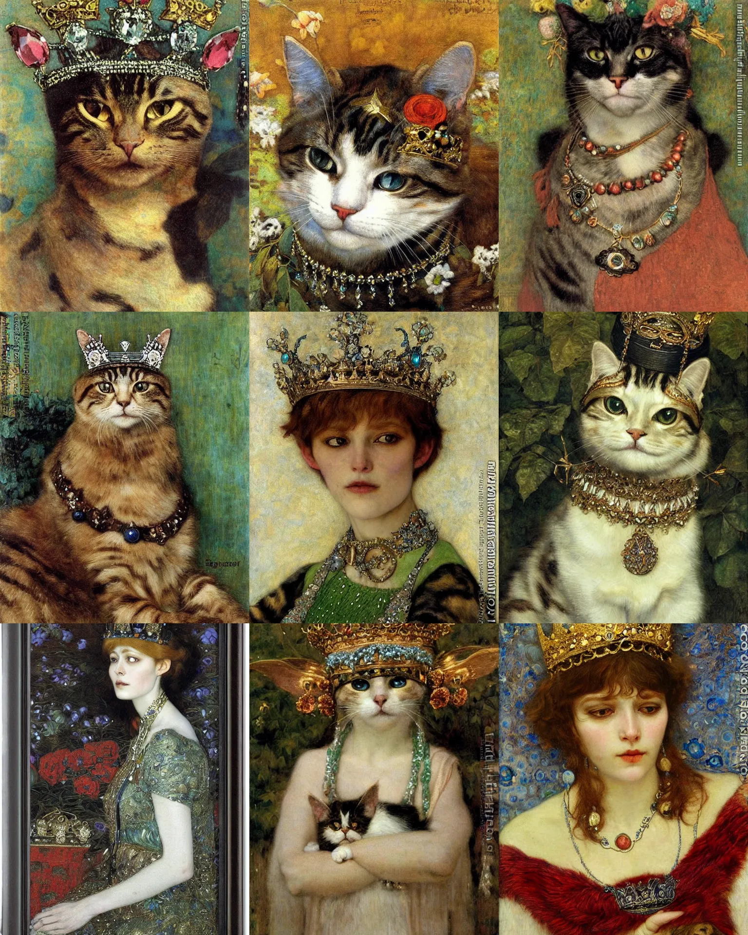 Prompt: a beautiful portrait of a humanoid cat wearing jewels and crown by Edgar Maxence and Carlos Schwabe