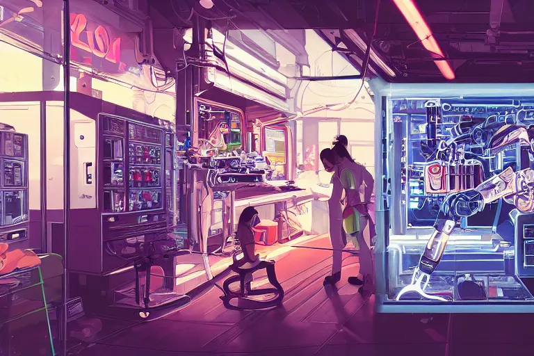 Prompt: closeup of pretty girl working in a small robot repair shop, broken android laying on the ground, chrome reflections, computer screens, scifi vending machine, surreal illustration by moebius , Ilya Kuvshinov, dynamic lighting, glowing lights, neons, science fiction