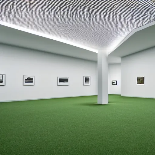 Prompt: a photograph of a minimalistic museum room with white walls, the floor is green grass, there are empty frames on the walls, 4k,