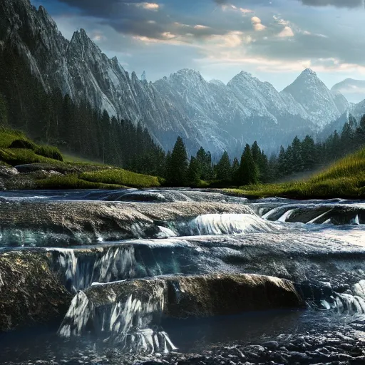 Prompt: fresh water stream with mountain range in the background, highly detailed, 4k, HDR, award-winning, octane render, artstation