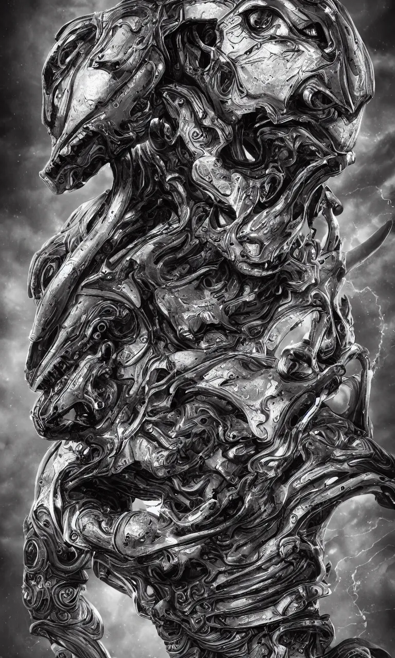 Image similar to engineer prometheus face by Artgerm, xenomorph alien, highly detailed, symmetrical long head, smooth marble surfaces, detailed ink illustration, raiden metal gear, cinematic smooth stone, deep aesthetic, concept art, post process, 4k, carved marble texture and silk cloth, latex skin, highly ornate intricate details, prometheus, evil, moody lighting, hr geiger, hayao miyazaki, indsutrial Steampunk