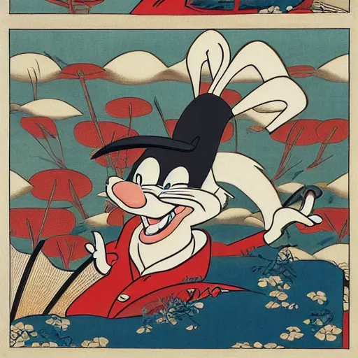 Image similar to bugs bunny, daffy, porky pig, ukiyo - e style,