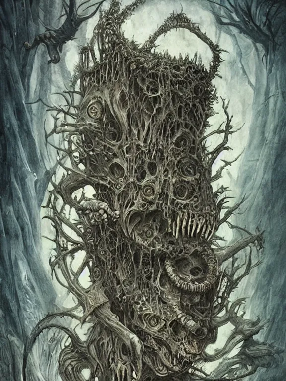 Prompt: A horror illustration design of a Prophecy book from hell revealing the Warwick Goblel of an Ancient Creature,by Maximilian Pirner and Gregoire Kenne and and aaron horkey and peter gric,trending on pinterest,Lovecraftian,medieval,ossuary,rococo,fractalism,maximalist,glittering,feminine