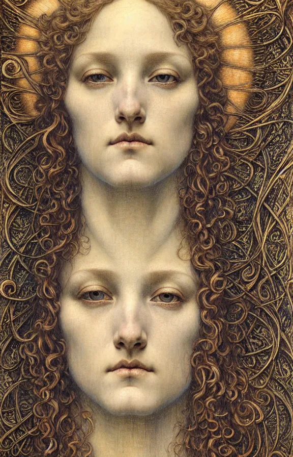 Image similar to detailed realistic beautiful young medieval queen face portrait by jean delville, gustave dore and marco mazzoni, art nouveau, symbolist, visionary, gothic, pre - raphaelite. horizontal symmetry