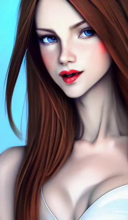 Prompt: professional digital art of a white incredibly !!!!attractive!!!! smiling woman with light brown hair blue eyes front view facing camera, wearing tight red dress, very attractive, impressive, Canon 40mm view, HD, 4k, cinematic, well composed, best on artstation, cgsociety, wlop, epic, stunning, gorgeous, intricate detail, much wow, masterpiece,