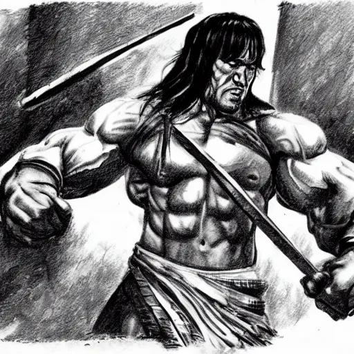 Image similar to concept art conan the barbarian doing bicep curls with heavy weight