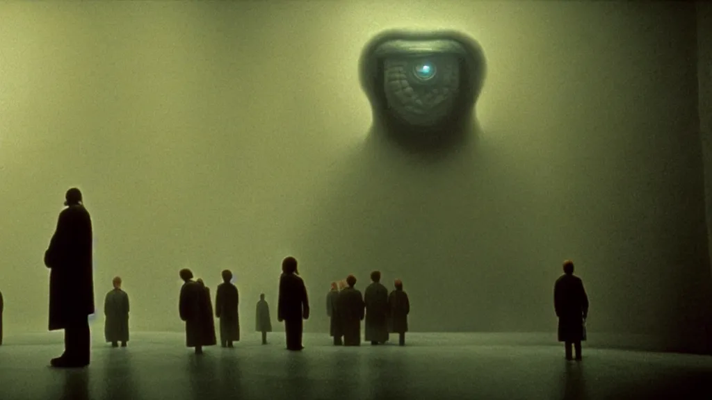 Prompt: the strange creature from my eye, we wait in line at the bank, film still from the movie directed by denis villeneuve and david cronenberg with art direction by salvador dali and zdzisław beksinski, wide lens