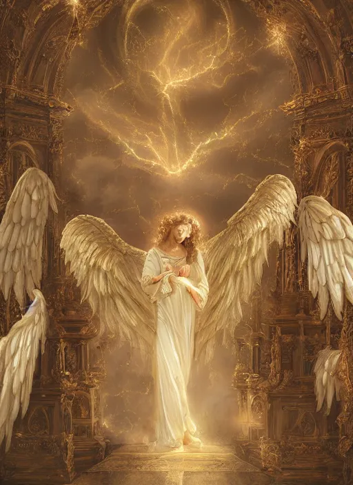 Image similar to angel landed under the gates of heaven, rococo style, magic, holy light, tyndall effect, high definition, lots of details, by wlop