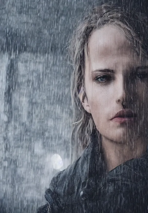 Prompt: cute model annie leonhart posing in dunwall city, beautiful face, detailed face, realistic eyes, cinematic lighting, rainy weather, melancholy atmosphere, volumetric light, gothic architecture, realistic reflections, model agency, instagram photo, depression atmosphere, shot on sony a 7 iii, beauty filter, postprocessing