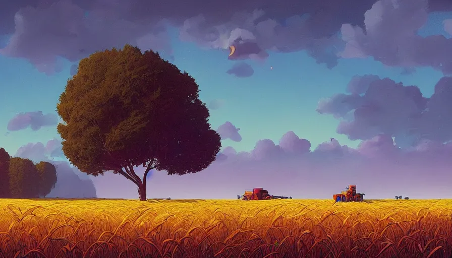 Image similar to colourful sky, wheat field, harvesters, big trees, matte painting, art station, digital art, simon stalenhag