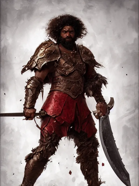 Prompt: male warrior, blood red armor, giant axe, messy curly hair, unkempt beard, dark brown skin, ready to fight, realistic, character select portrait, highly detailed, by artgerm, greg rutkowski, alphonse mucha, 3 d