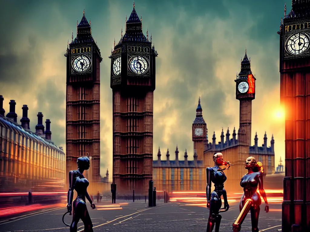 Image similar to a giant ancient beautiful cyborg of the elder gods with pipes and tubes in the city of London, an image of a beautiful cyborg, a beautiful cyborg, a cyborg, London streets with one bigben in the background, colourful, dramatic lighting, golden hour, very detailed octane render very realistic beautiful