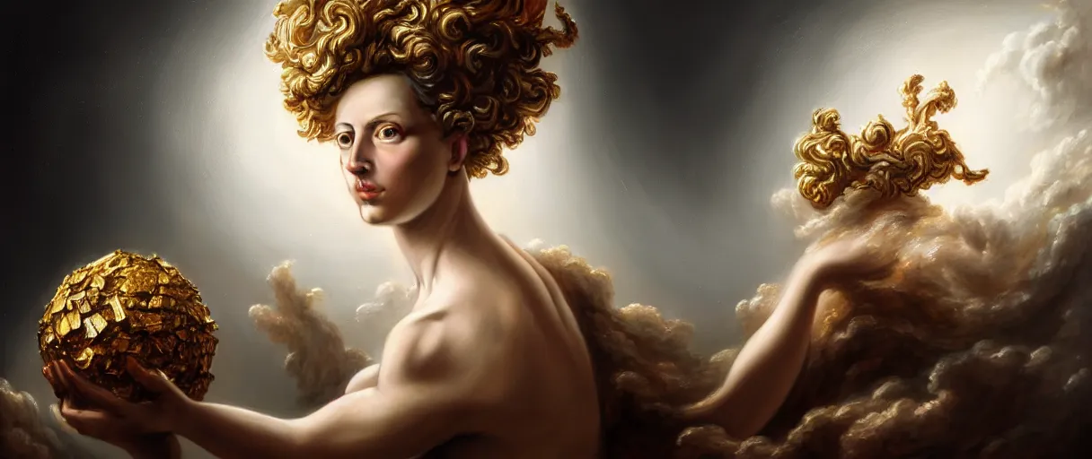 Image similar to hyperrealist highly detailed rococo portrait of god as a woman breaking the earth into pieces concept art pascal blanche very dramatic lighting 8k wide angle shallow depth of field