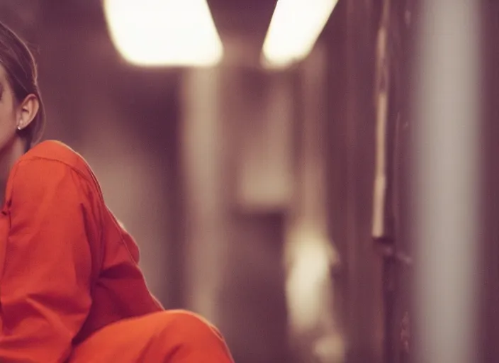 Prompt: photo of emma watson sitting in a jail cell wearing an orange jumpsuit and a red hat, defocused bars in the foreground, detailed face, 8 k, 8 5 mm f 1. 8