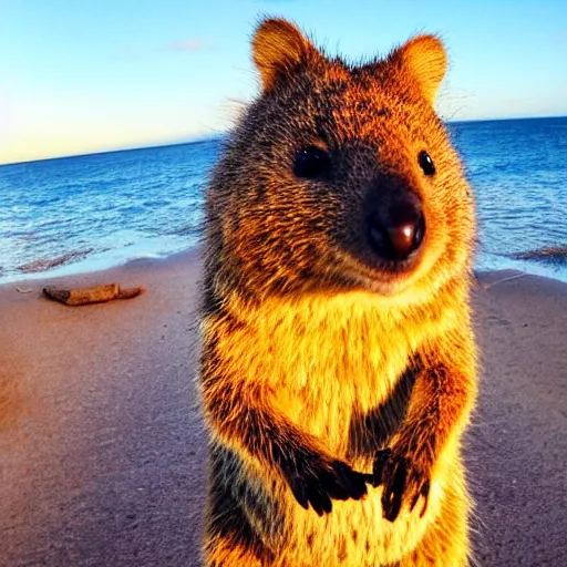 Image similar to happy quokka taking a selfie, golden hour, ultra realistic