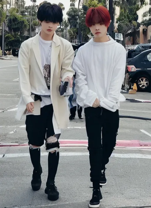 Prompt: photo of PARK JIMIN walking in LA with his boyfriend YOONGI