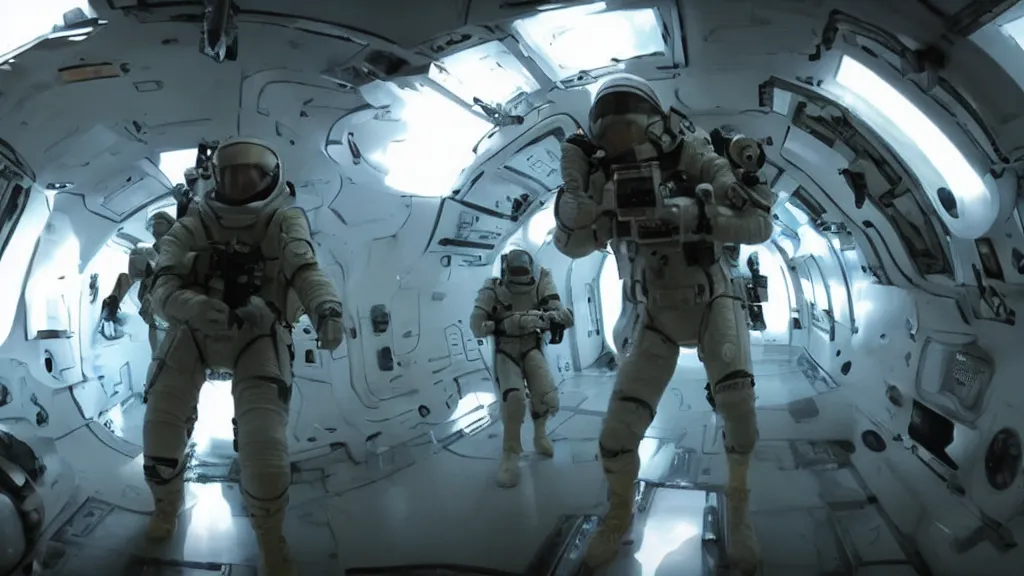 Prompt: sci-fi action movie cinematography of space soldiers moving tactical formation through spaceship corridor. By Emmanuel Lubezki