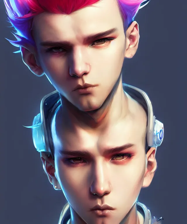 Image similar to character concept art of a cute cyberpunk boy with colorful hair and piercings | | cute - fine - face, pretty face, key visual, realistic shaded perfect face, fine details by stanley artgerm lau, wlop, rossdraws, james jean, andrei riabovitchev, marc simonetti, and sakimichan, trending on artstation