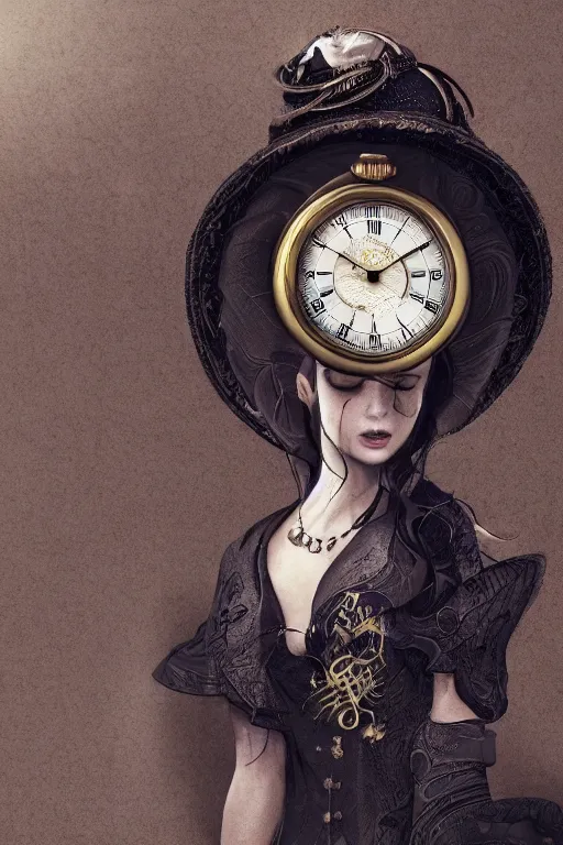 Image similar to a timekeeper with a pocket watch face. silk hat, full body, dark fantasy, concept art, gothic, intricate, ornate, ultra realistic, octane render