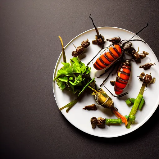 Image similar to food photography of a plate of insects, food styling, gourmet, fancy restaurant, professional plating, studio lighting