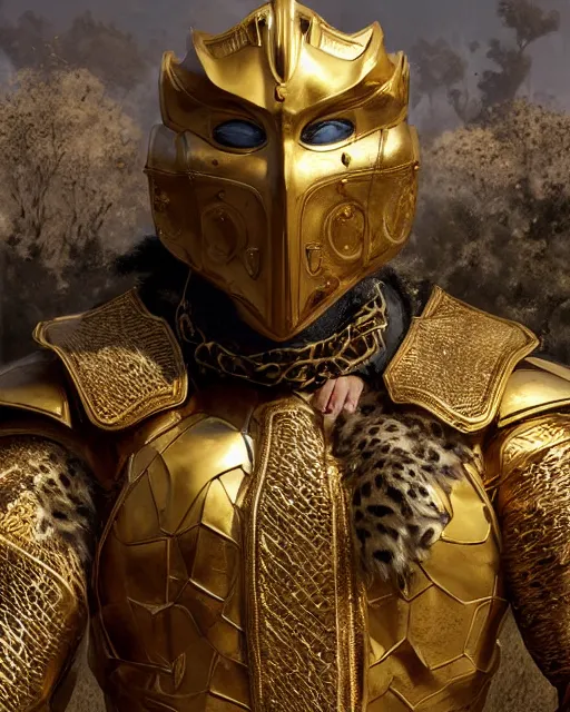 Image similar to hyper realistic king of babilon with the head of leopard full gold armour, photorealistic, 3 d render cinema 4 d, 8 k texture, concept art by greg rutkowski, ilya kushinov, gaston bussiere, craig mullins