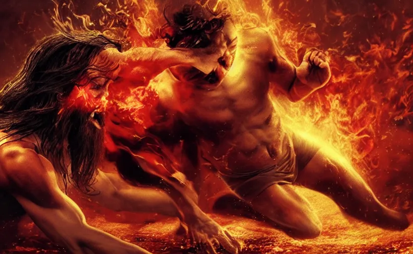 Image similar to hyperrealistic photo of Jesus Christ pummeling red-skinned Satan devil demon in the face on the floor, 8k cinematic, epic fight scene, directed by Michael Bay