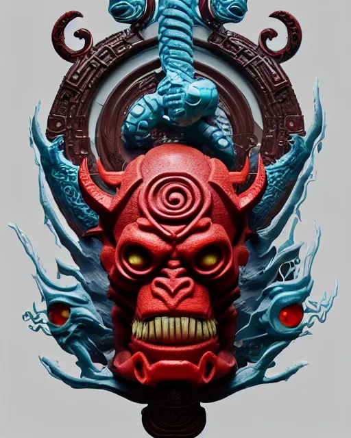 Image similar to 3 d ornate carved hellboy with tattoos profile portrait, sigma 5 0 0 mm f / 5. beautiful intricate highly detailed quetzalcoatl skull. bioluminescent, plasma, lava, ice, water, wind, creature, thunderstorm! artwork by tooth wu and wlop and beeple and greg rutkowski, 8 k trending on artstation