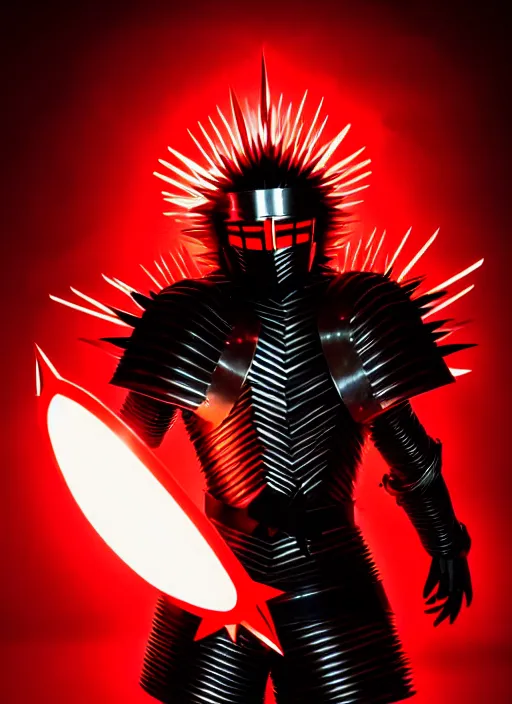 Image similar to a striking cinematic full body manga portrait of a long black haired masked male teenager wearing imposing red jagged spiked plate armour and glowing with raging powerful red energy by hirohiko araki and beeple, fine details, digital art, character concept art, volumetric lighting, cinematic light, photorealistic