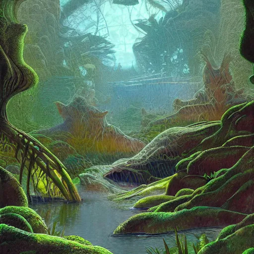 Image similar to digital painting of a lush wet natural scene on an alien planet by gerald brom. digital render. detailed. beautiful landscape. colourful and weird.