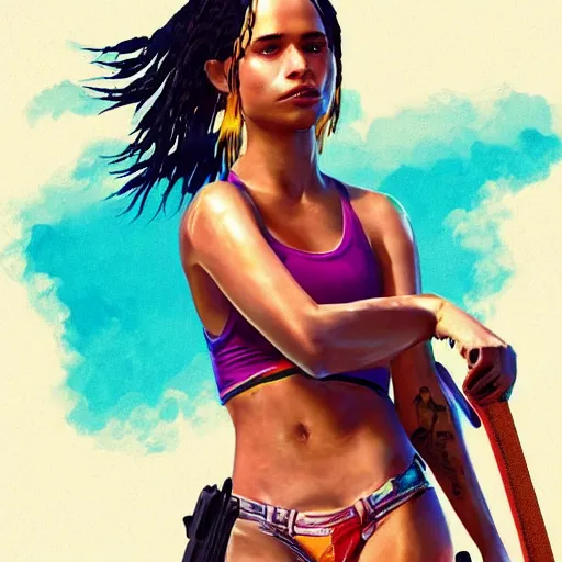 Image similar to zoe kravitz as a california surfer girl, full body shot, gta 5 cover art, hd digital art, trending on artstation