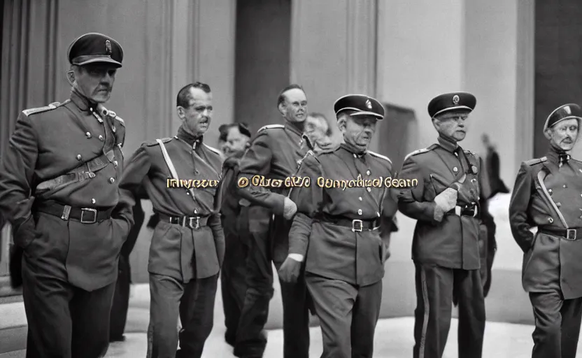 Image similar to 50s movie still of very diverse one general, one officers, one marshal, with very detailed faces in a stalinist parlement, by Alexei Guerman, Cinestill 800t 35mm black and white, heavy grainy picture, very detailed, high quality, 4k, HD criterion, precise texture, diverse faces, diverse haircuts, diverse ages, each faces precisely define