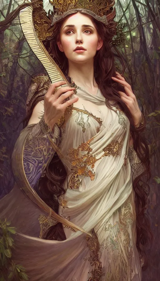 Prompt: portrait of queen of the elves playing a harp, ethereal, expressive pose, intricate dress, fantasy, intricate, forest background, highly detailed, digital painting, artstation, concept art, smooth, sharp focus, illustration, art by artgerm and greg rutkowski and alphonse mucha