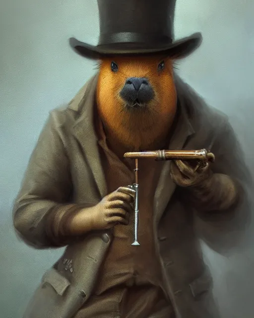 Image similar to oil painting of anthropomorphized capybara holding a smoking pipe, detective clothes, close shot, full body, dark steampunk mine shaft background, sharp focus, fantasy style, octane render, volumetric lighting, 8k high definition, by greg rutkowski, highly detailed, trending on art Station, dungeons and dragons artwork, centered