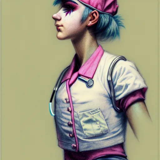 Image similar to clowncore pastel punk young hospital nurse wearing stylish uniform. detailed, portrait, 8 k, artwork by jean - baptiste monge