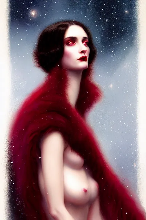 Image similar to Nocturne, glowing, stars, a portrait of a beautiful female shadow djinn creature with long fur collar, highly detailed, mysterious, ethereal, dressed in red violet velvet, haute couture, illustration, dramatic lighting, soft details, painting, by Edmund Blair Leighton, Brom, Charlie Bowater, trending on artstation, faces by Tom Bagshaw, otto schmidt