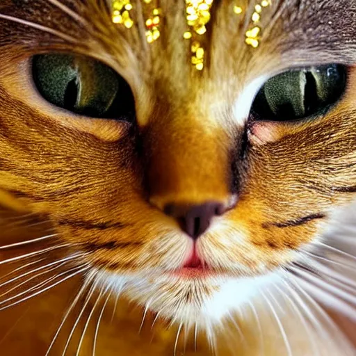 Image similar to a photo of an angry cat covered in glitter, highly detailed, photorealistic
