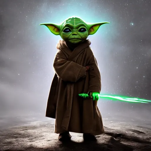 Prompt: full body pose, hyperrealistic photograph of baby yoda dressed as a wizard, dim volumetric lighting, 8 k, octane beautifully detailed render, extremely hyper detailed, intricate, epic composition, cinematic lighting, masterpiece, trending on artstation, very very detailed, stunning, hdr, smooth, sharp focus, high resolution, award, winning photo, dslr, 5 0 mm