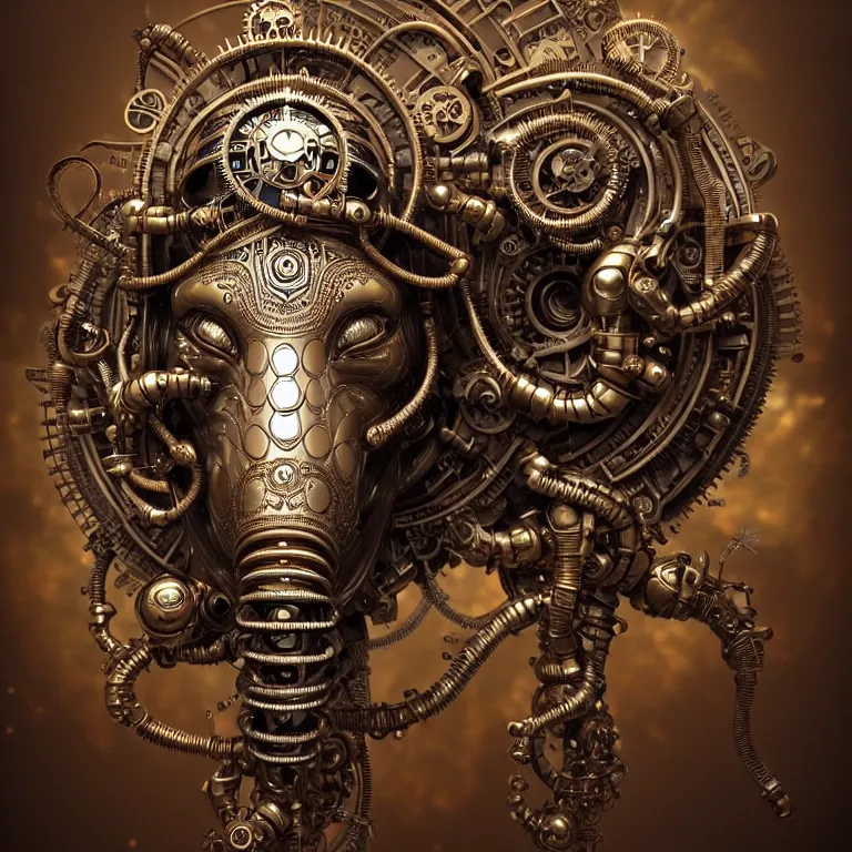 Image similar to steampunk cybernetic biomechanical ganesh, front facing, symmetric, 3 d model, very coherent symmetrical artwork, unreal engine realistic render, 8 k, micro detail, intricate, elegant, highly detailed, centered, digital painting, artstation, smooth, sharp focus, illustration, artgerm, tomasz alen kopera, wlop