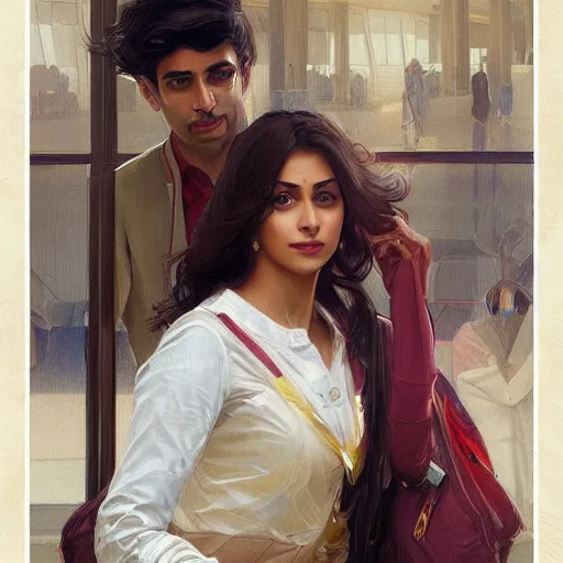 Image similar to Anxious good looking pale young Indian doctors wearing American clothes at the airport, portrait, elegant, intricate, digital painting, artstation, concept art, smooth, sharp focus, illustration, art by artgerm and greg rutkowski and alphonse mucha