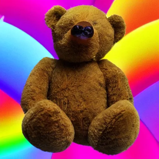 Image similar to teddy bear vomiting rainbow, photorealistic