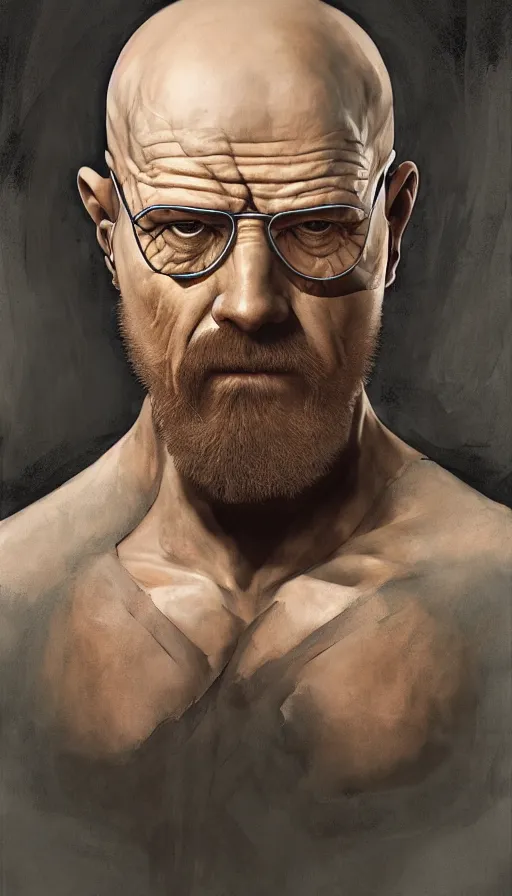 Image similar to Heisenberg as Kratos, highly detailed, digital painting, artstation, concept art, smooth, sharp focus, illustration, ArtStation, art by artgerm and greg rutkowski and alphonse mucha and J. C. Leyendecker and Edmund Blair Leighton and Katsuhiro Otomo and Geof Darrow and Phil hale and Ashley wood and Ilya repin and Charlie Bowater