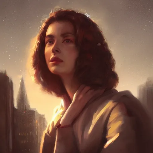 Image similar to closeup portrait of a young esme bianco, dramatic lighting, city background, night, moon, chiaroscuro, high detail, painted by greg rutkowski, painted by igor kieryluk, painted by bobby chiu, trending on artstation