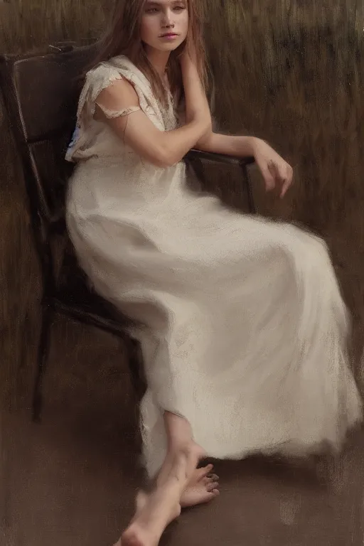 Image similar to girl with long hair, summer dress, sitting on designer chair, dramatic light, cinematic, bare feet, 8 k, by jeremy lipking, jeremy mann, ron hicks, casey baugh