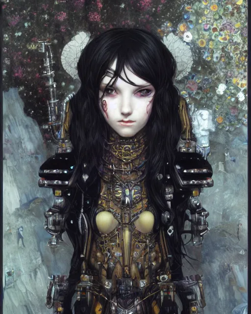 Image similar to portrait of cute beautiful young gothic maiden, cyberpunk, Warhammer, highly detailed, artstation, illustration, art by Gustav Klimt and Range Murata