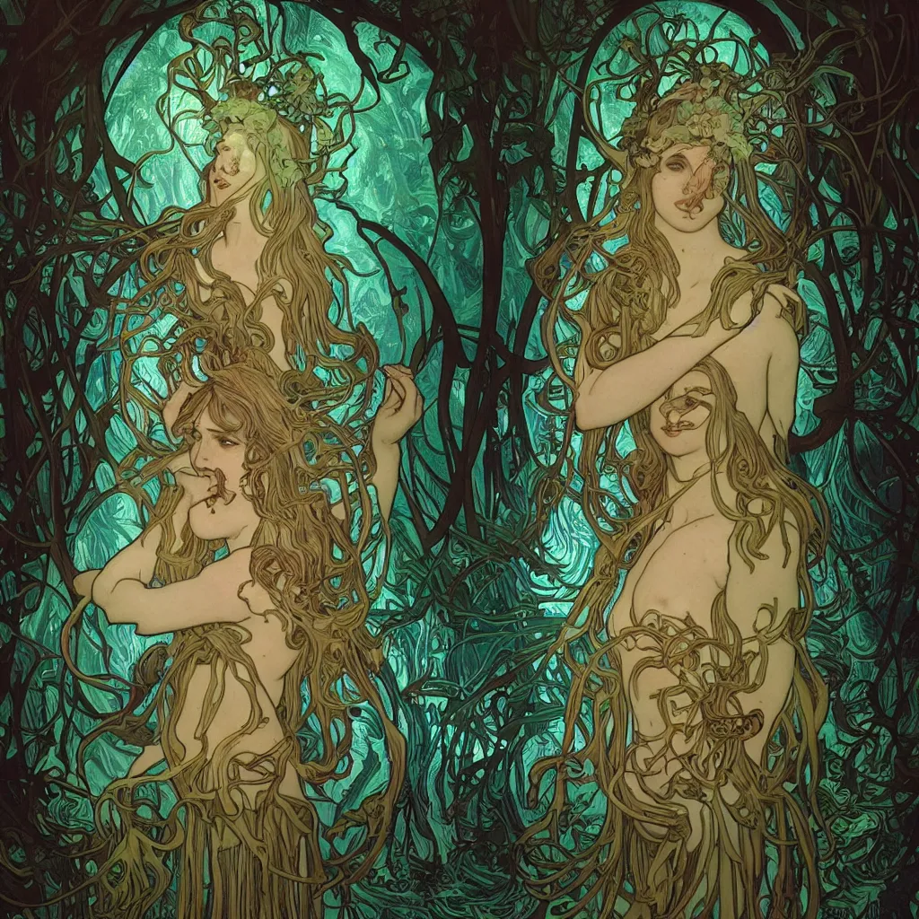 Image similar to bioluminescent pagan god in dark forest by james jean and alphonse mucha, portrait, fantasy, clear, light beams, lens flare, intense, uhd, amazing depth, cinematic lighting