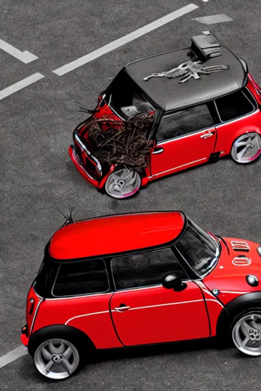 Prompt: Red Mini Cooper car designed by Aplle that looks like it is from Borderlands and by Feng Zhu and Loish and Laurie Greasley, Victo Ngai, Andreas Rocha, John Harris