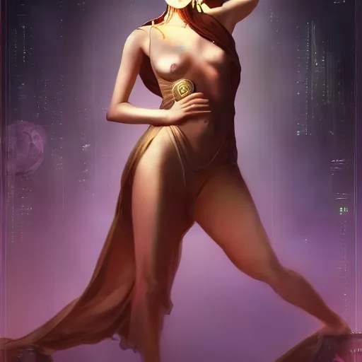 Image similar to beautiful female figure bestowing enlightenment upon mankind in the style of rolf armstrong, cyberpunk, futuristic, 8 k resolution, trending on artstation, cg society, award winning