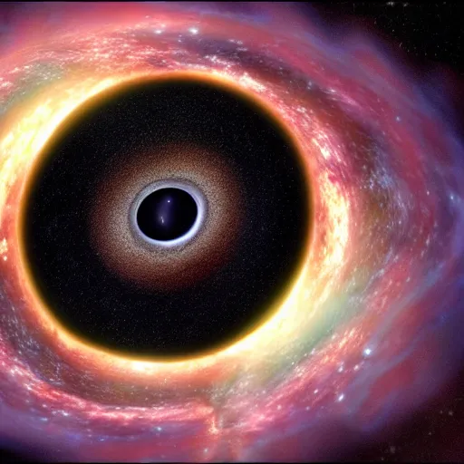 Prompt: hyper realistic detailed image of a black hole sucking up a whole galaxy, realistic, hdr, clear image, hdd, rtx on,